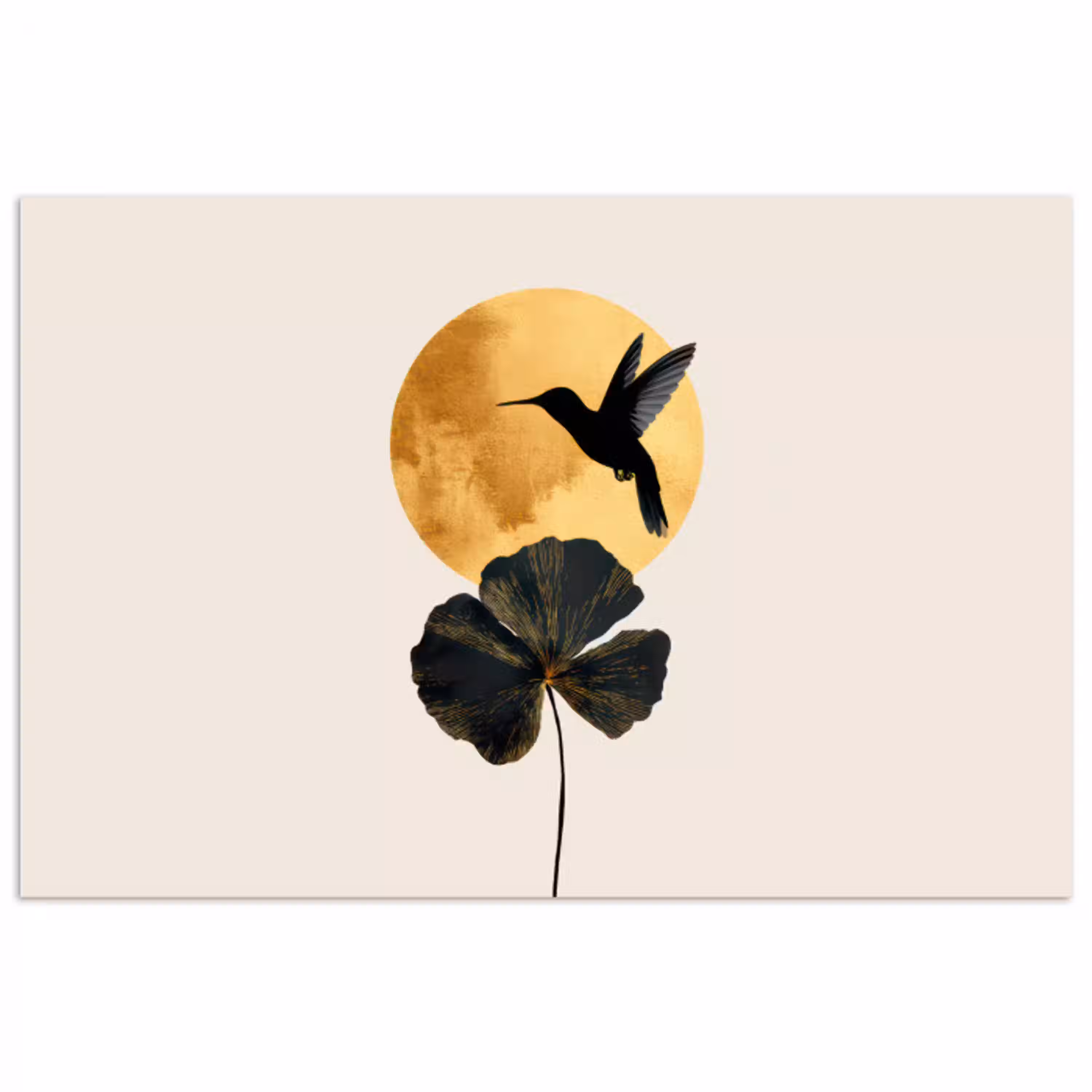 Zwarte kolibrie - Bloem - Gouden cirkel poster papier klein -3d