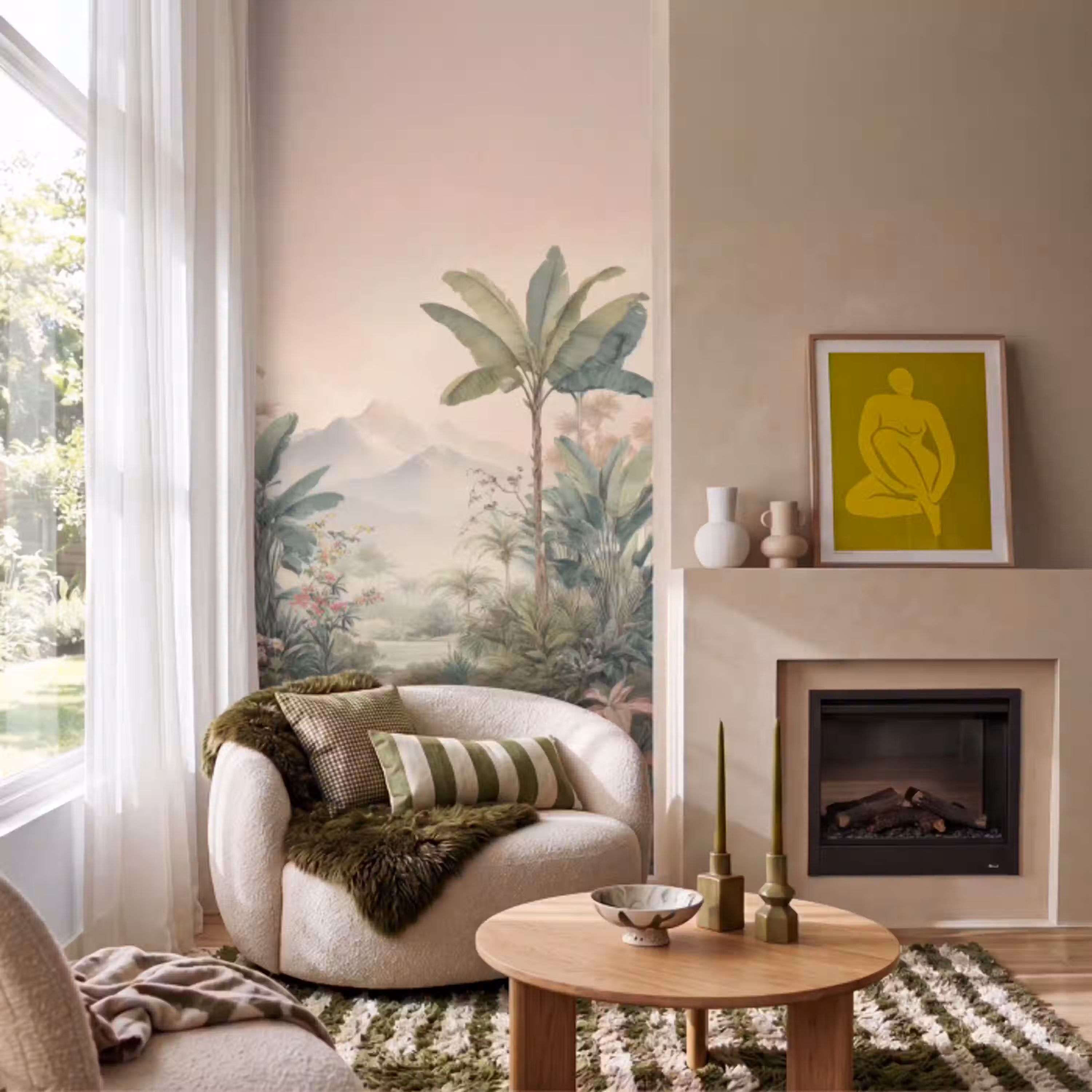 Tropisch landschap - palmbomen - Bloemen - Roze lucht Behang Vlies klein -sfeer2