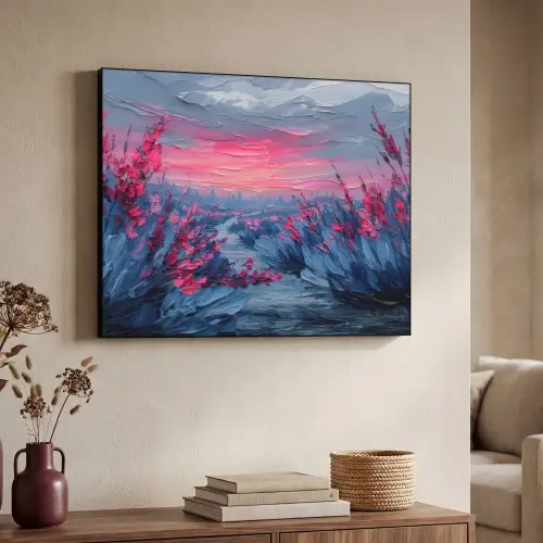 Schilderij - Zonsondergang - Bloemen - Rivier Textielframe - compleet frame klein -sfeer3