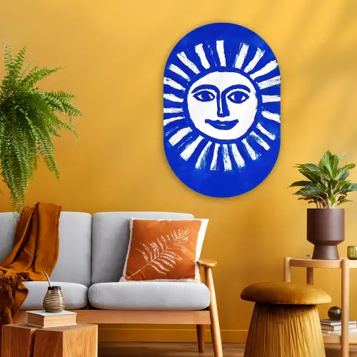 Zon - Gezicht - Penseelstructuur - Blauw Wandcirkel Ovaal Glas middel -sfeer4