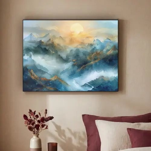 Abstract - Landschap - Bergen - Blauw - Modern Textielframe zwart klein -sfeer1