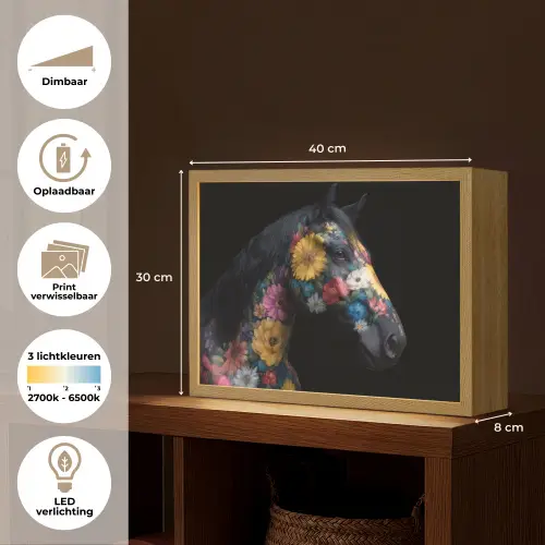 Paard - Bloemen - Zwart Light Box met batterij (Wandlamp) middel -USP_websiteoverzichtNL