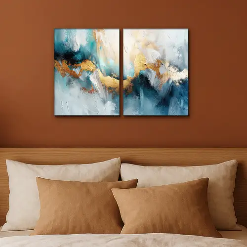 Blauw - Abstract - Wit - Goud - Verf Canvas - Meerluiken 2 luik klein -sfeer2