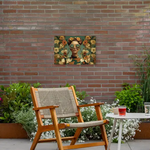 Bloemenkrans - Vrouwengezicht - Zonnebril - Oranje Tuinposter op houten frame 2 cm dik klein -sfeer3