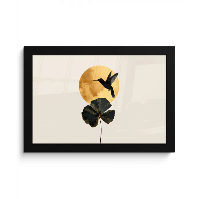 Zwarte kolibrie - Bloem - Gouden cirkel fotolijst zwart zonder passe partout klein -3d