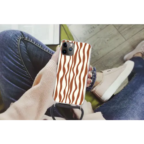 Golvende lijnen - Strepen - Beige - Bruin Hoesje iPhone 12 Pro met koord klein -hand