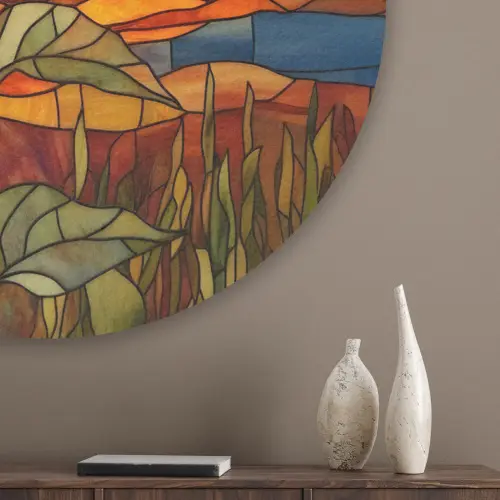 Zonnebloem - Mozaïek - Zonsondergang - Geel Akoestische PET Vilt - Rond klein -sfeer5_closeup