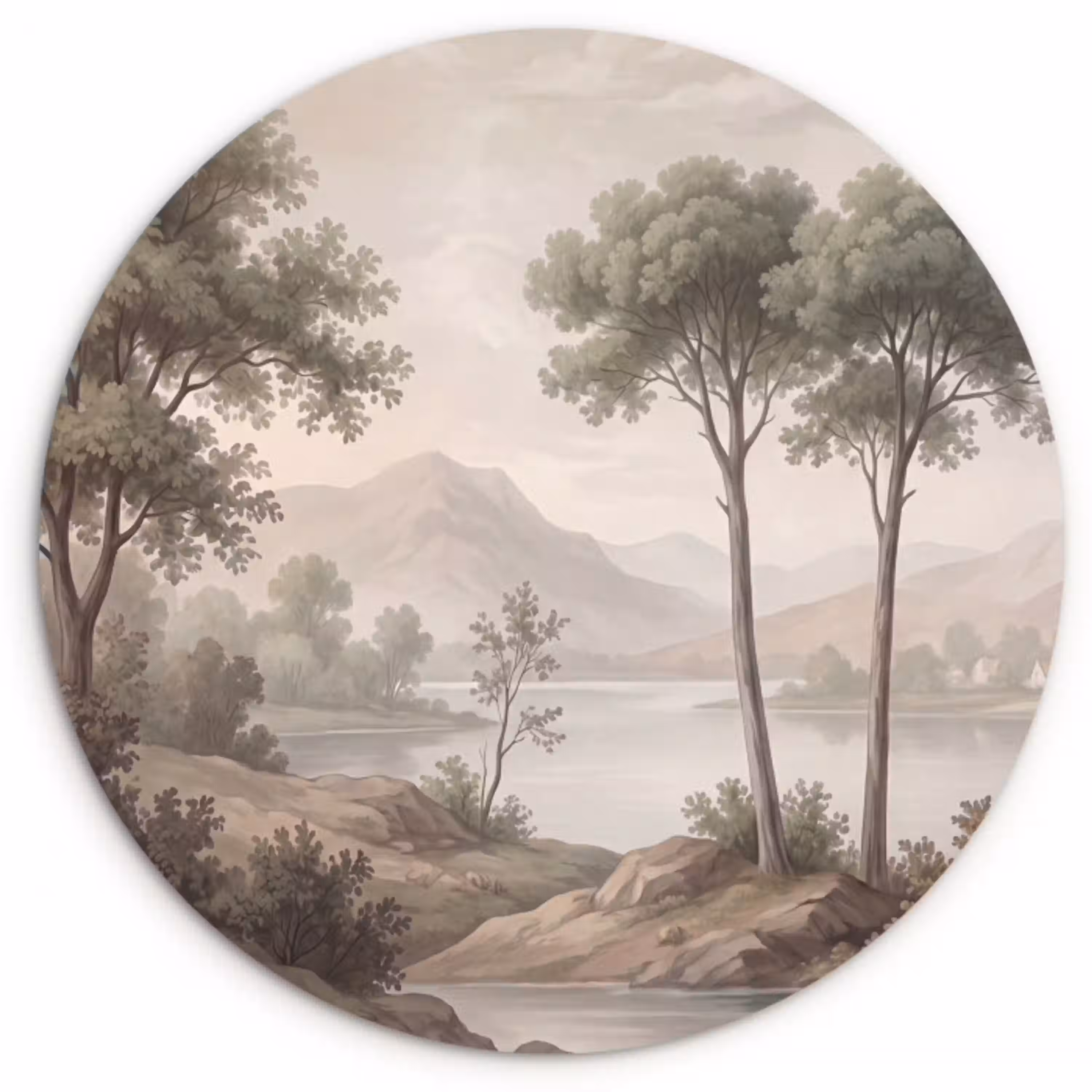 Bomen - Meer - Bergen - Illustratie Wandcirkel kunststof plaat 5mm dik klein -3d
