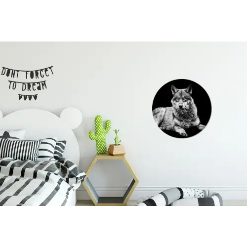 Wilde dieren - Wolf - Zwart - Wit Wandcirkel aluminium klein -kinderkamer