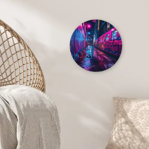 Stad - Neon -  Nacht - Roze - Graffiti Wandcirkel kunststof plaat 5mm dik klein -sfeer5