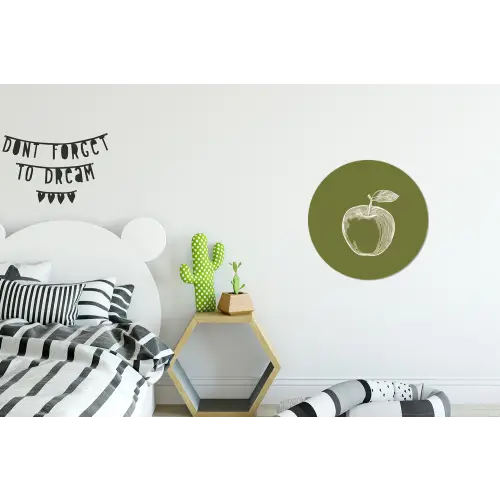 Lijntekening - Appel - Olijfgroen - Blaadje Wandcirkel aluminium klein -kinderkamer