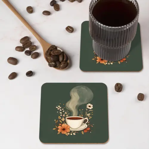 Kop - Bloemen - Groen - Koffie onderzetter kurk middel -sfeer2