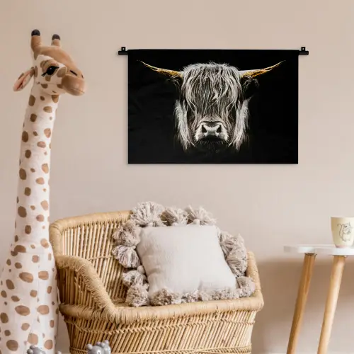 Schotse hooglander - Goud - Hoorns - Zwart wit - Koe - Dieren Wandkleed katoen klein -wsfeer5_kind