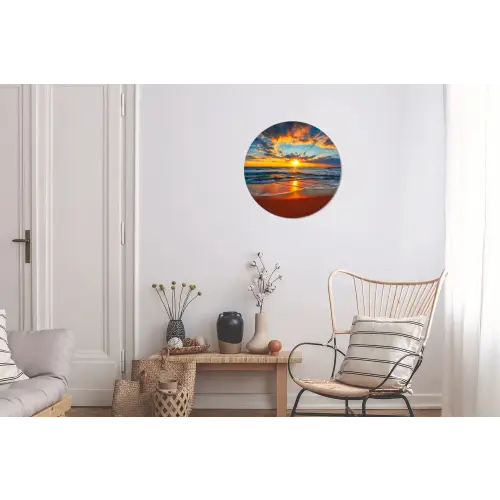 Zee - Zonsondergang - Strand - Wolken - Oranje Wandcirkel aluminium klein -woonkamer