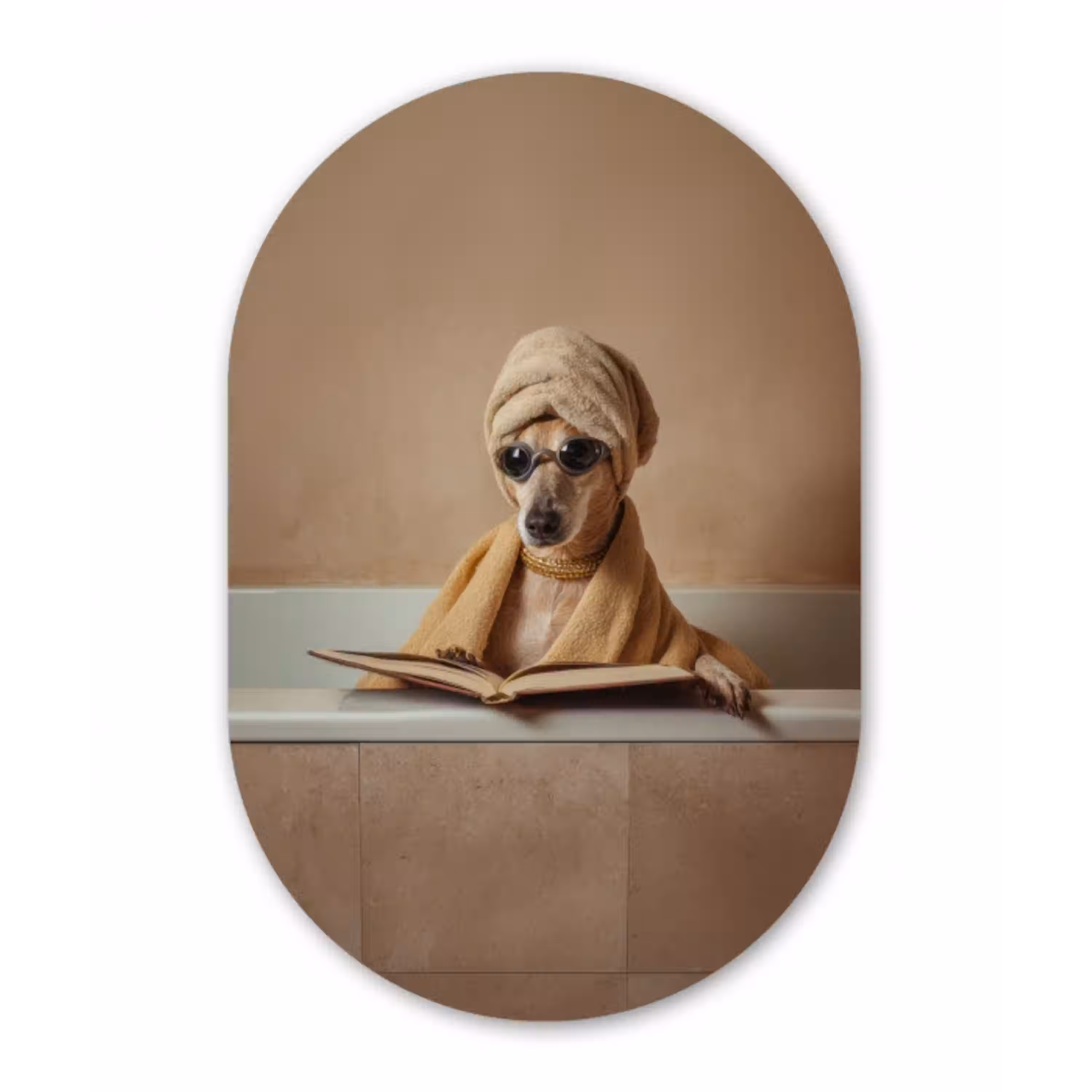 Bad - Hond - Boek - Zonnebril Wandcirkel Ovaal Aluminium middel -3d