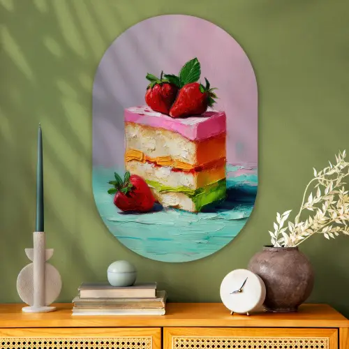 Taartje - Aardbeien - Glazuur - Kleurrijk Wandcirkel Ovaal Glas middel -sfeer2