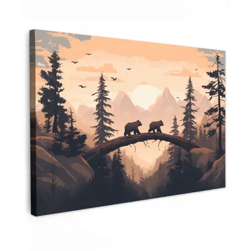 Beren - Bomen - Landschap - Zonsondergang Tuinposter op houten frame 2 cm dik klein -3d