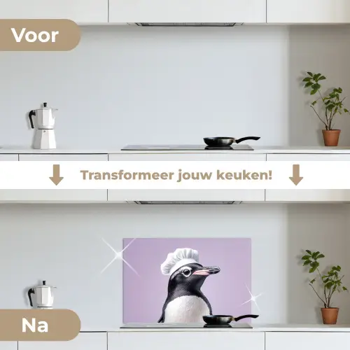 Pinguïn - Koksmuts - Lief - Paars keuken achterwand spatscherm klein -voor_na_NL