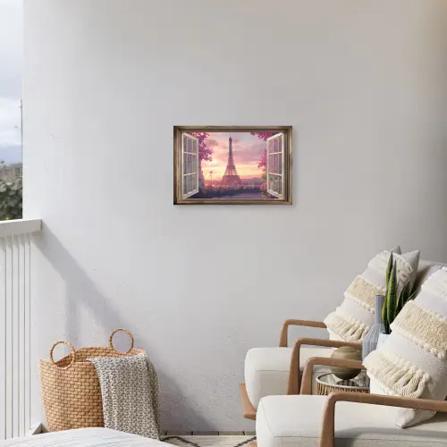 Doorkijk - Parijs - Eiffeltoren - Roze - Kersenbloesem Tuinposter op houten frame 2 cm dik klein -sfeer1
