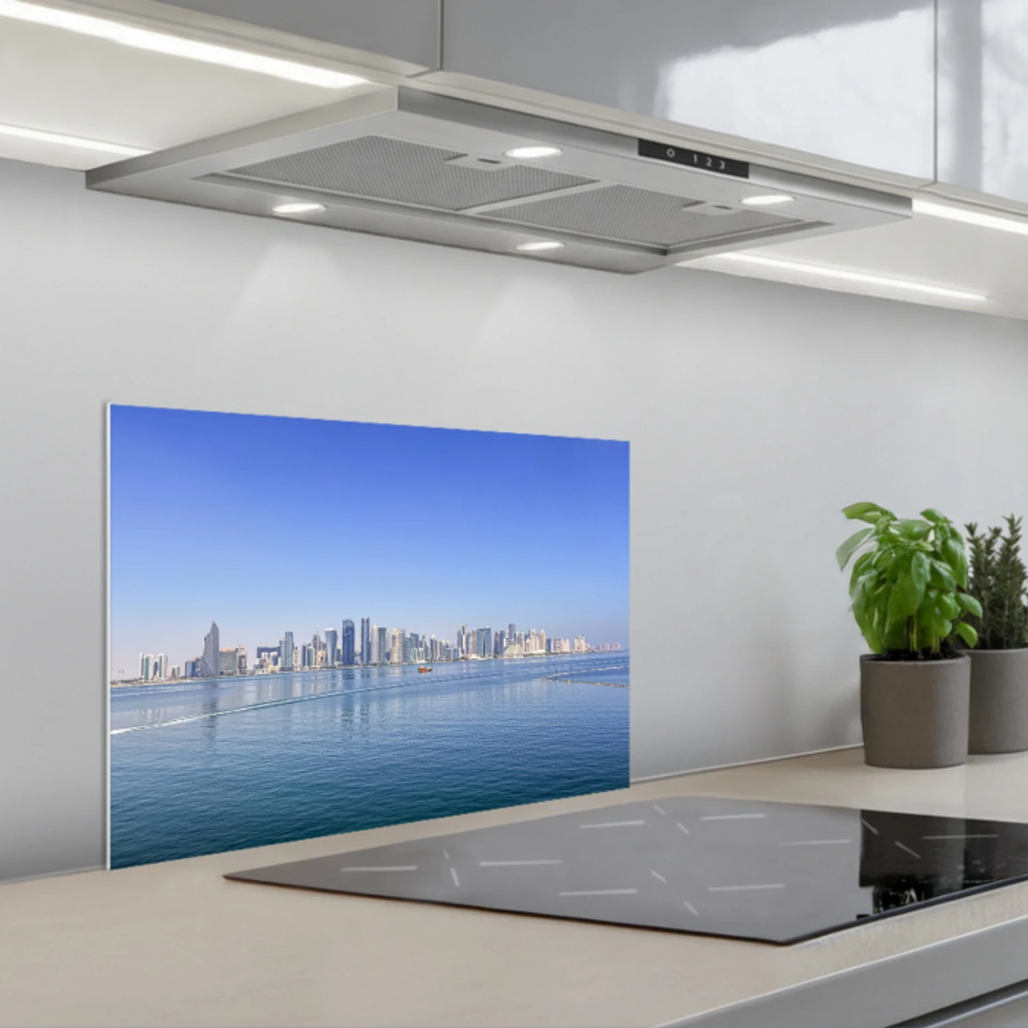 Skyline - Blauw - Zee - Gebouwen - Stad keuken achterwand spatscherm klein -3d_schuin