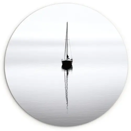 Zeilboot - Zwart - Water - Silhouet Wandcirkel kunststof plaat 5mm dik klein -3d