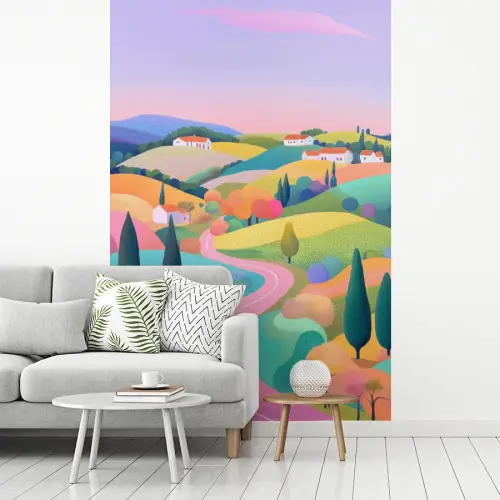 Landschap - Paars - Pastel - Huizen fotobehang vinyl groot -woonkamer