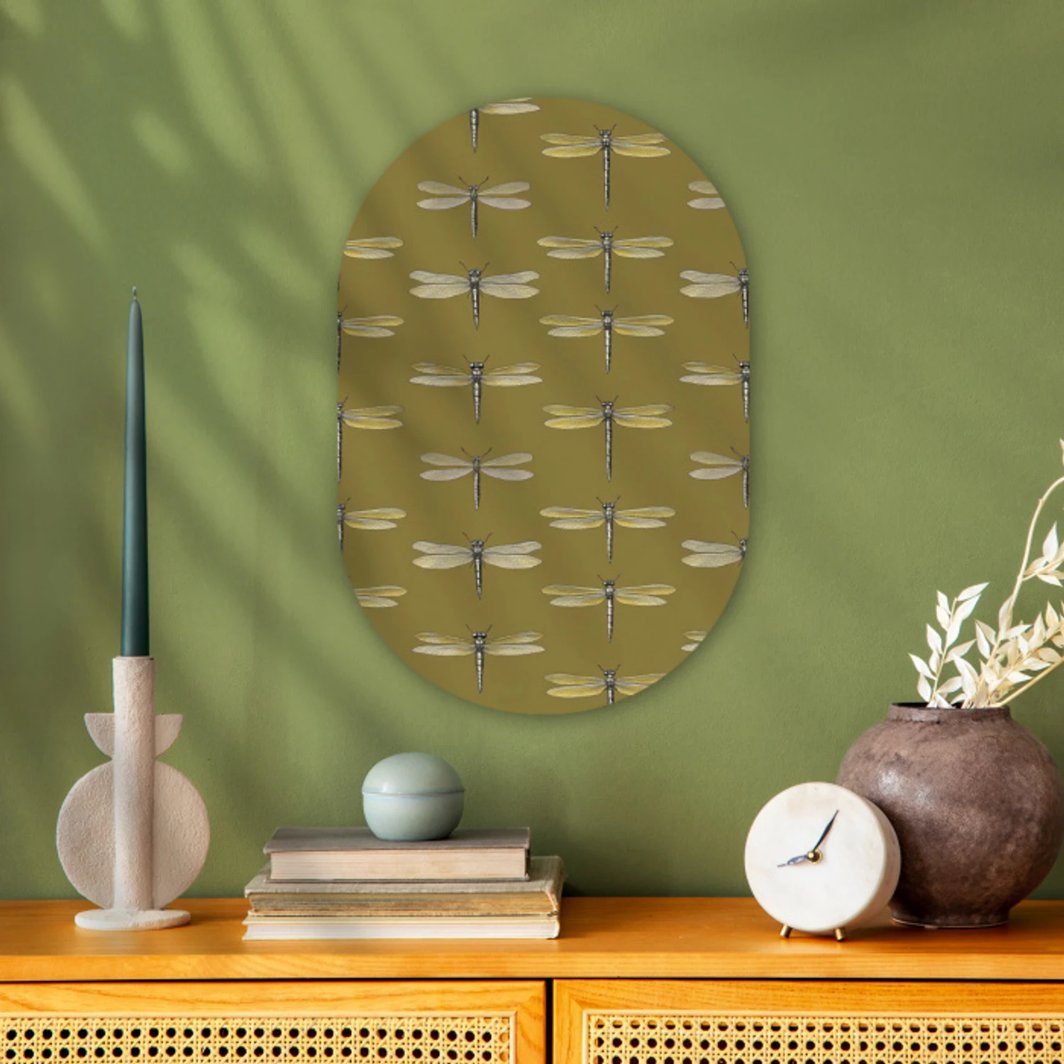 Libellen - Patroon - Groen Wandcirkel Ovaal Forex klein 630 -sfeer2