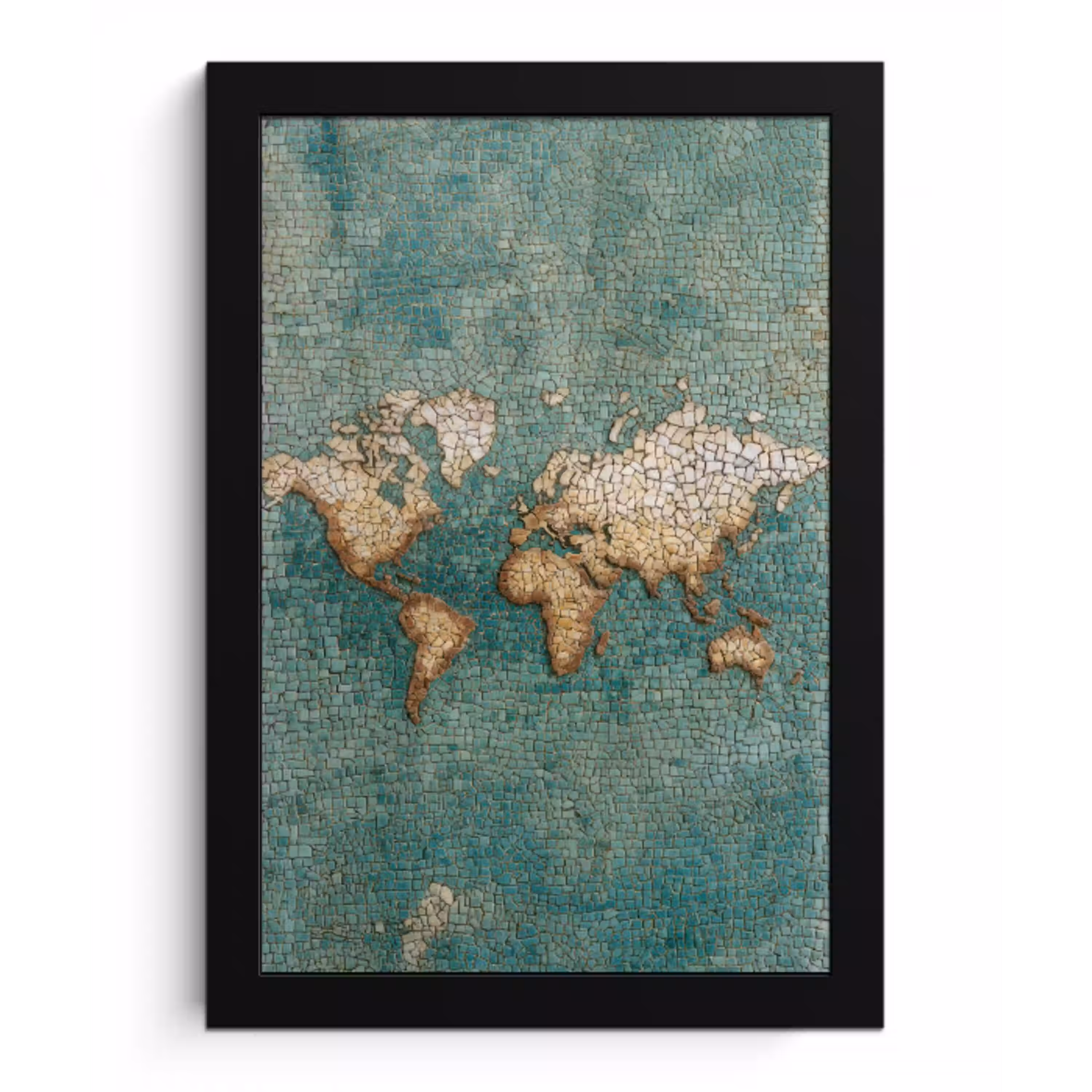Wereldkaart - Gebroken tegels - Mozaïek fotolijst zwart zonder passe partout klein -3d