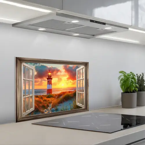 Doorkijk - Raam - Vuurtoren - Zonsondergang - Strand keuken achterwand spatscherm klein -3d_schuin