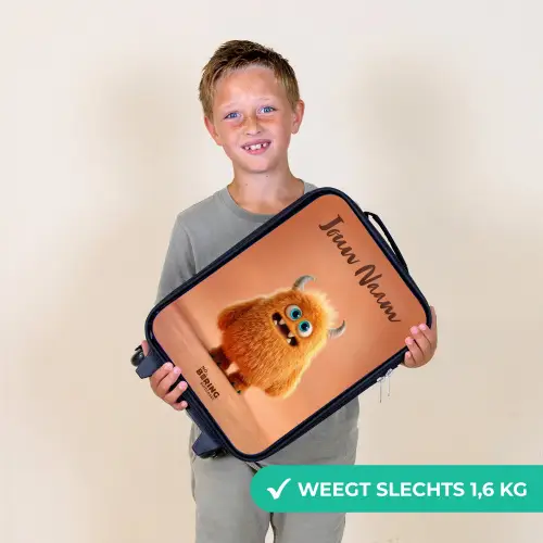 Oranje Pluizig Monster met Hoorns Kinderkoffer - Zwart klein -sfeer4_NL