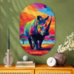 Neushoorn - Zonsondergang - Savanna - Kleurrijk Wandcirkel Ovaal Glas middel -sfeer2