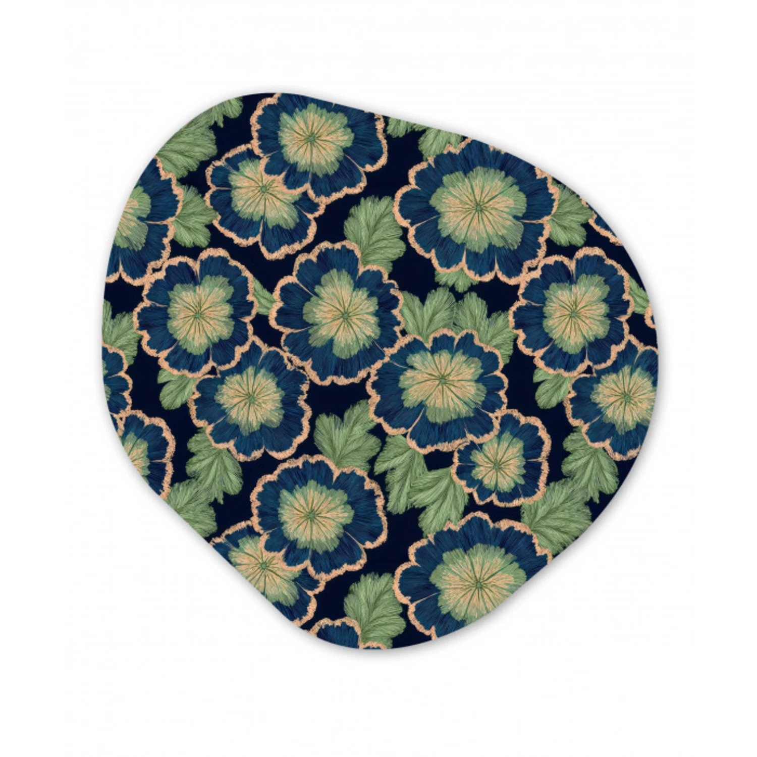 Bloemen - Borduurwerk - Patroon - Blauw - Groen Wandcirkel Organisch Aluminium middel 851 -3d