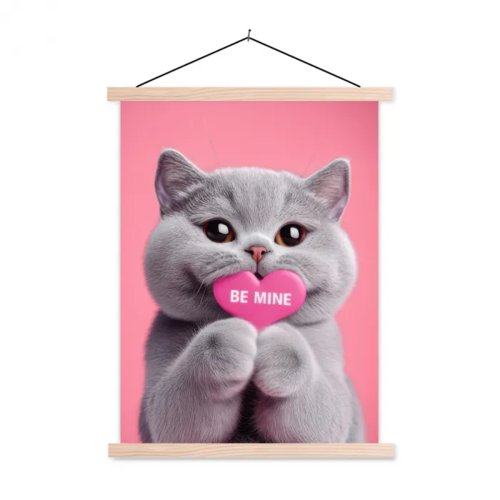 Kat - Valentijn - Roze - Liefde textielposter latten blank klein -3d