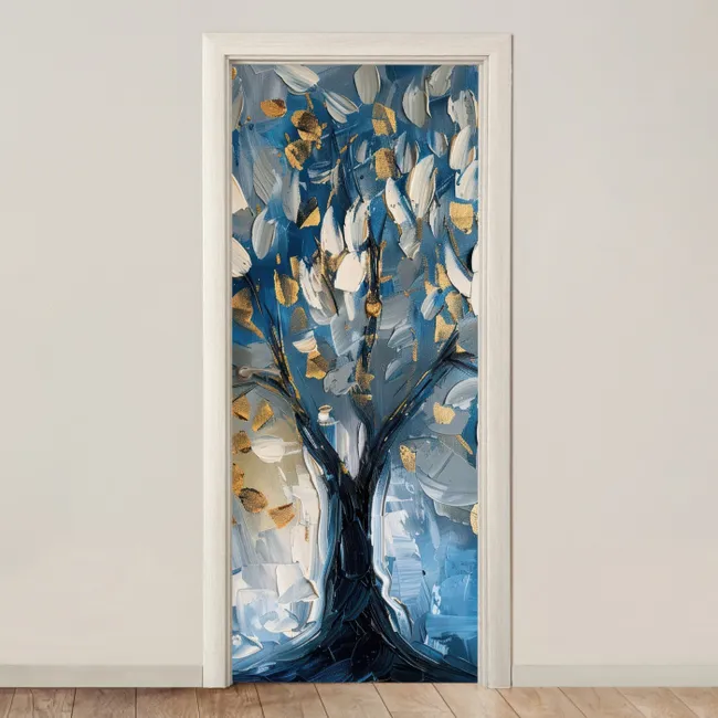 Deursticker - Boom - Blauw - Goud - Abstract