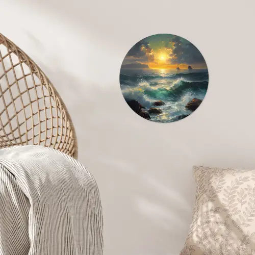 Zee - Zon - Golven - Rotsen Wandcirkel behangsticker klein -sfeer4