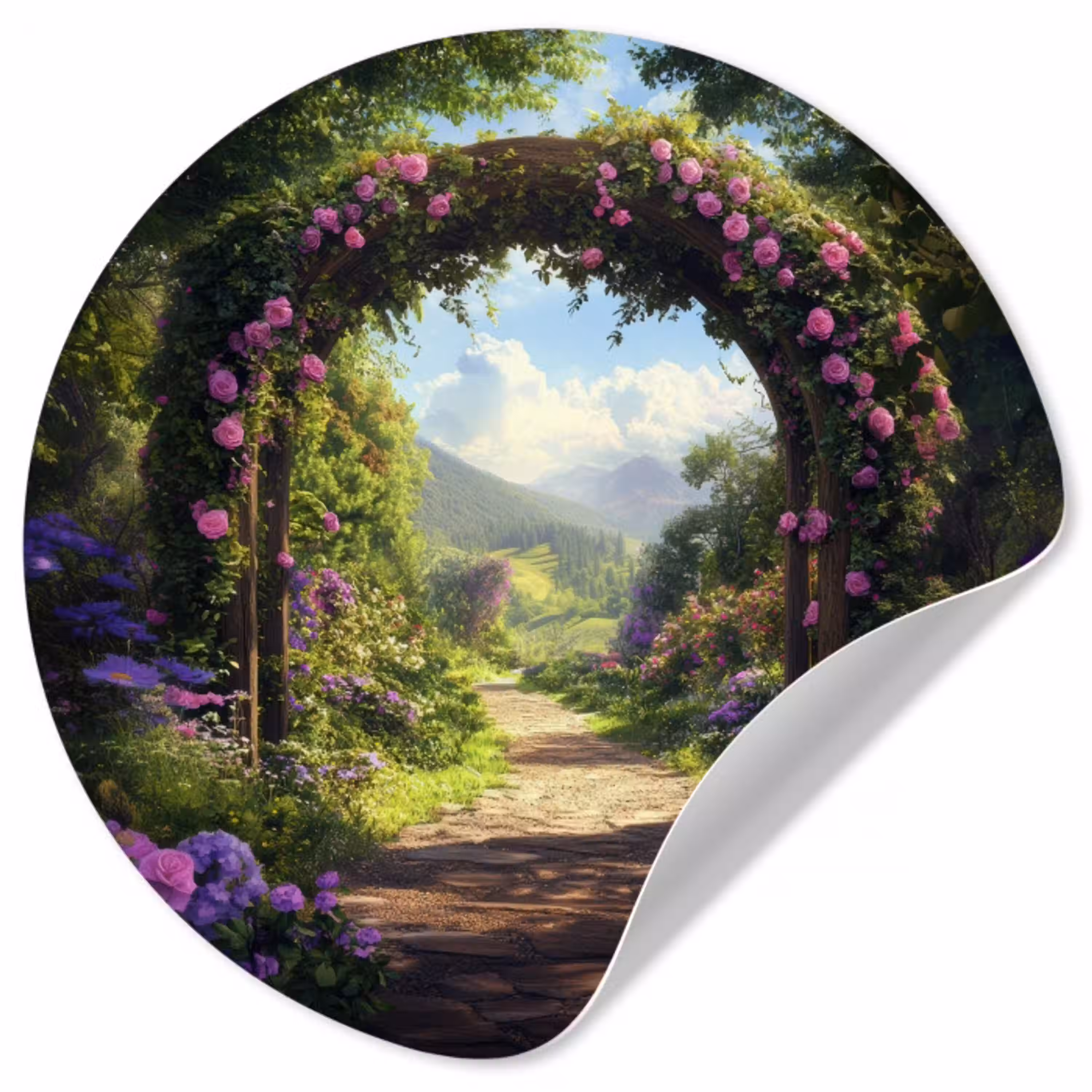 Doorkijk - Rozenboog - Uitzicht - Landschap - Bloemen Wandcirkel behangsticker klein -3d