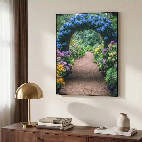 Doorkijk - Bloemen - Hortensia - Pad Textielframe - compleet frame klein -sfeer3