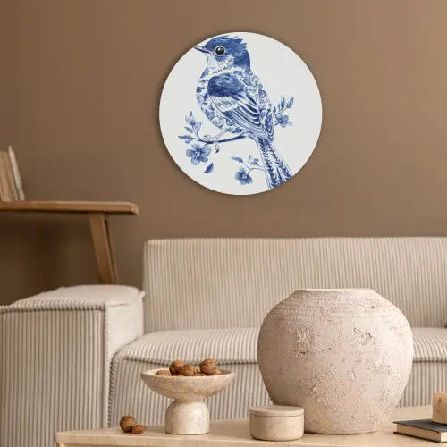 Vogel - Delfts blauw - Illustratie - Bloemen Akoestische PET Vilt - Rond klein -sfeer1