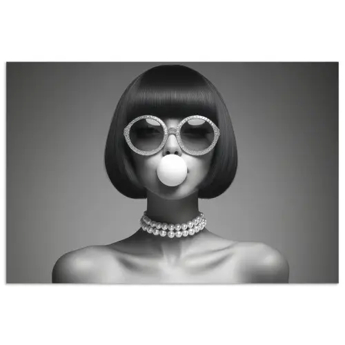 Vrouw - Zwart Wit - Ketting - Zonnebril poster papier klein -3d