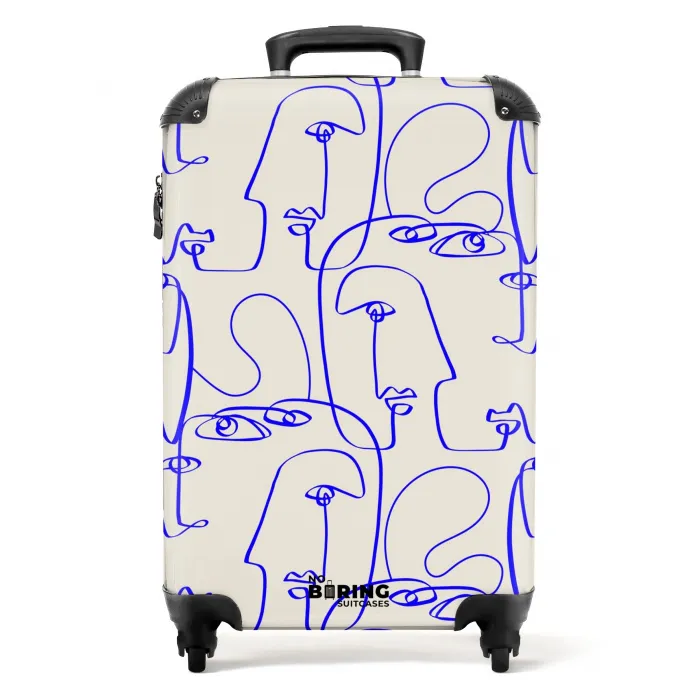 Gezichten in blauwe lijn op beige achtergrond NBS - Handbagage koffer - Kinderen Unisex middel -productfoto_recht