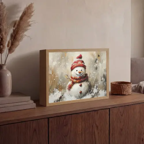 Sneeuwpop - Winter - Sneeuw - Beige Light Box met batterij (Wandlamp) middel -sfeer2