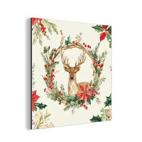 Kerstkrans - Hert - Hulst - Rood aluminium wit klein -3d