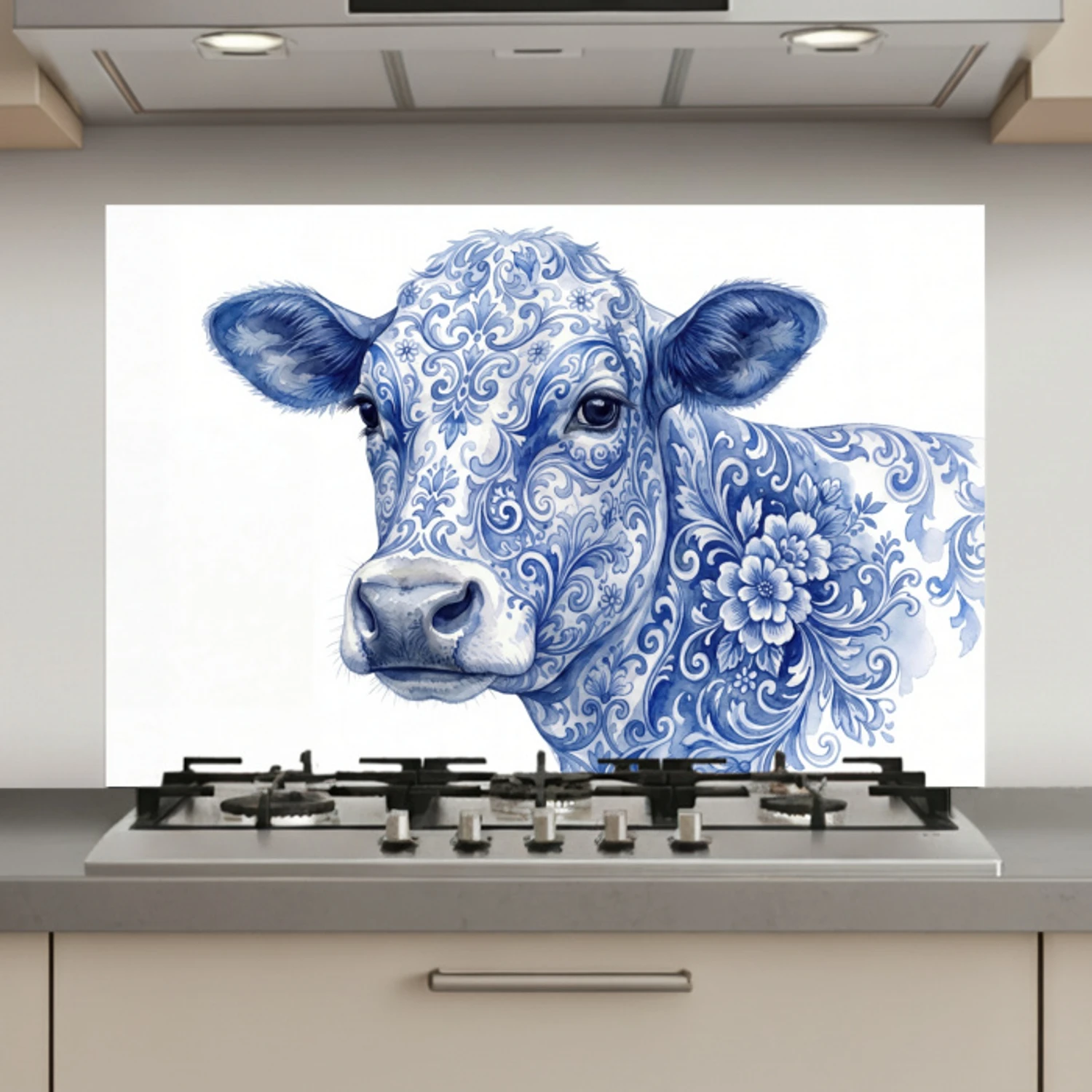 Illustratie - Koe - Blauw keuken achterwand spatscherm klein -3d_website