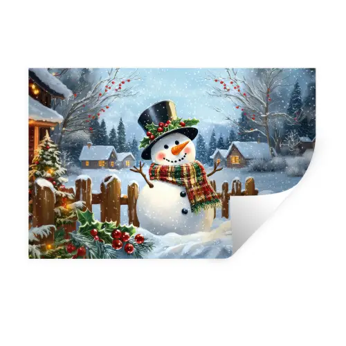 Sneeuwpop - Winterdorp - Kleurrijk Muursticker klein -3d