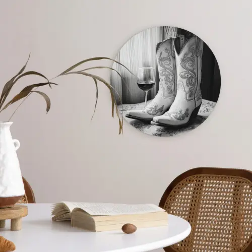 Wijn - Cowboylaarzen - Raamlicht - Wit Wandcirkel kunststof plaat 5mm dik klein -sfeer4