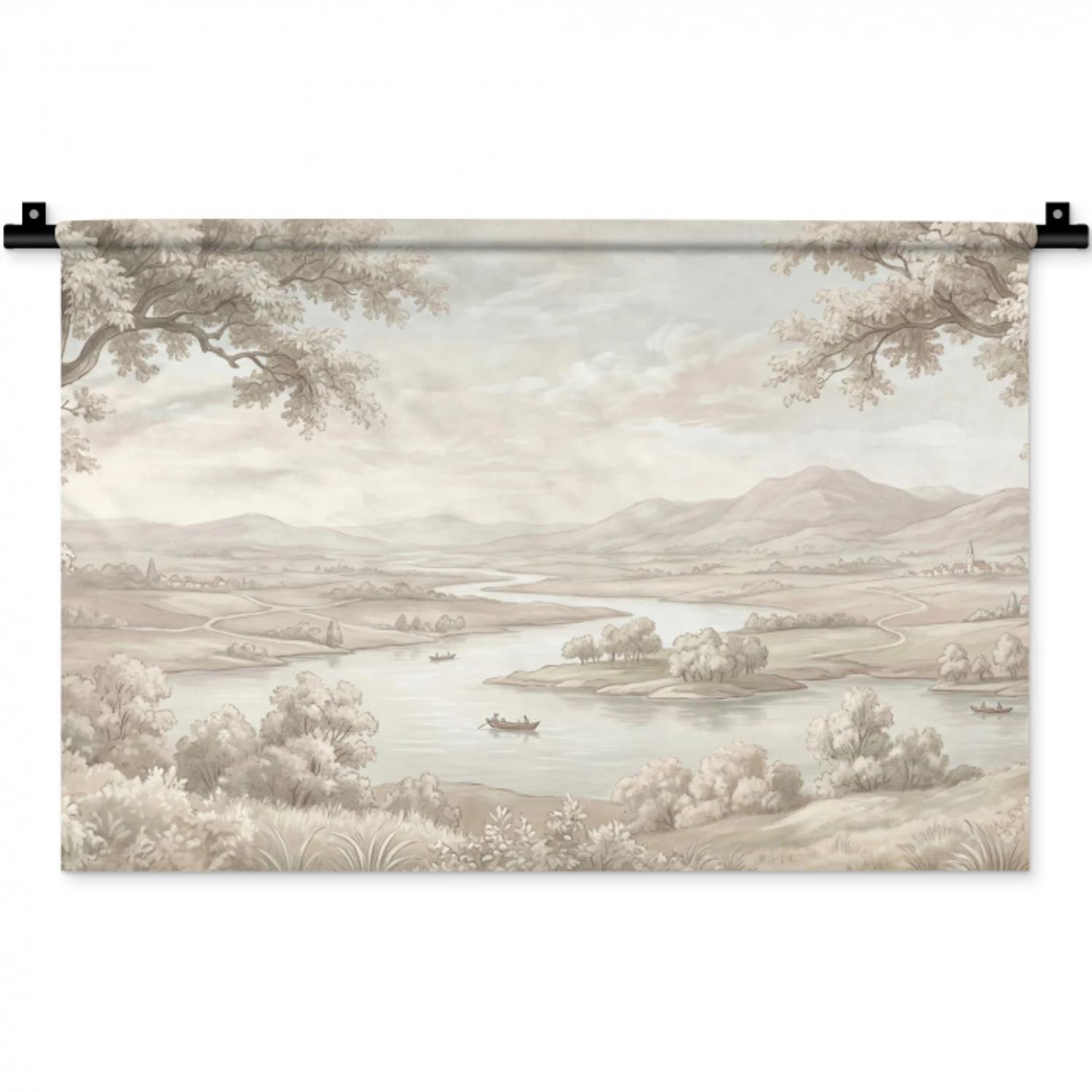 Rivierlandschap - Bergen - Natuur - Vintage - Beige Wandkleed katoen klein -zz3d