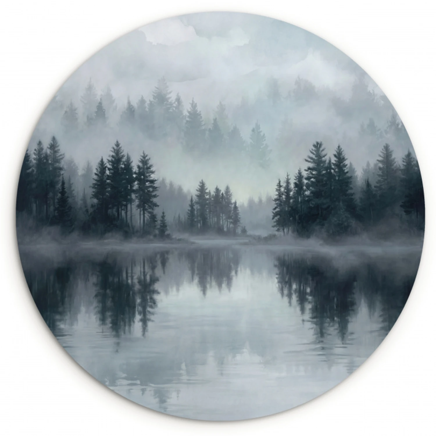 Bos - Meer - Mist - Natuur - Grijs Wandcirkel kunststof plaat 5mm dik klein -3d