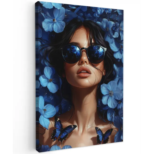 Vrouw - Blauw - Bloemen - Vlinders - Natuur Tuinposter op houten frame 2 cm dik klein -3d