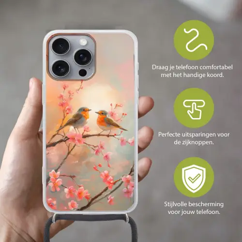 Roodborstjes - Sierlijk - Bloesemtak Hoesje iPhone 16 Pro Max met koord klein -sfeer2_NL