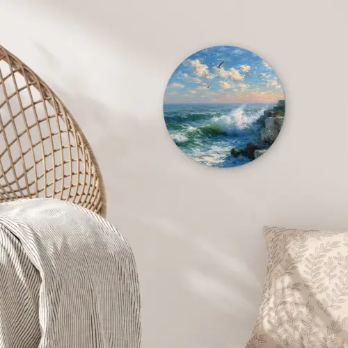 Zee - Golven - Rotsen - Meeuwen Wandcirkel kunststof plaat 5mm dik klein -sfeer5